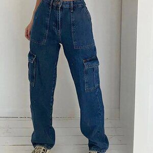 Always On His Mind Cargo Boyfriend Jeans - Medium Blue Wash
